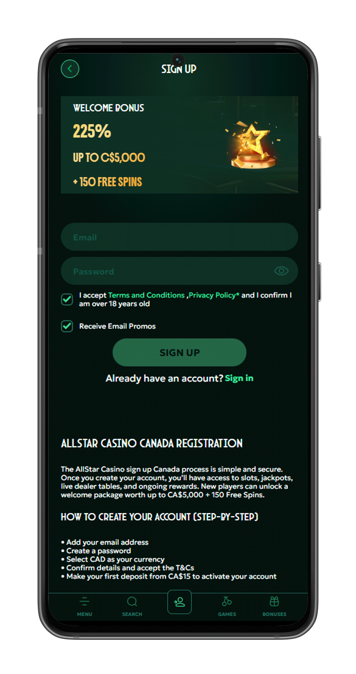 Inscription application mobile AllStar Casino